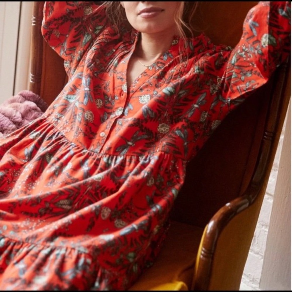 Anthropologie Red and Green Floral Long Sleeve Dress - Light Flannel - Size S